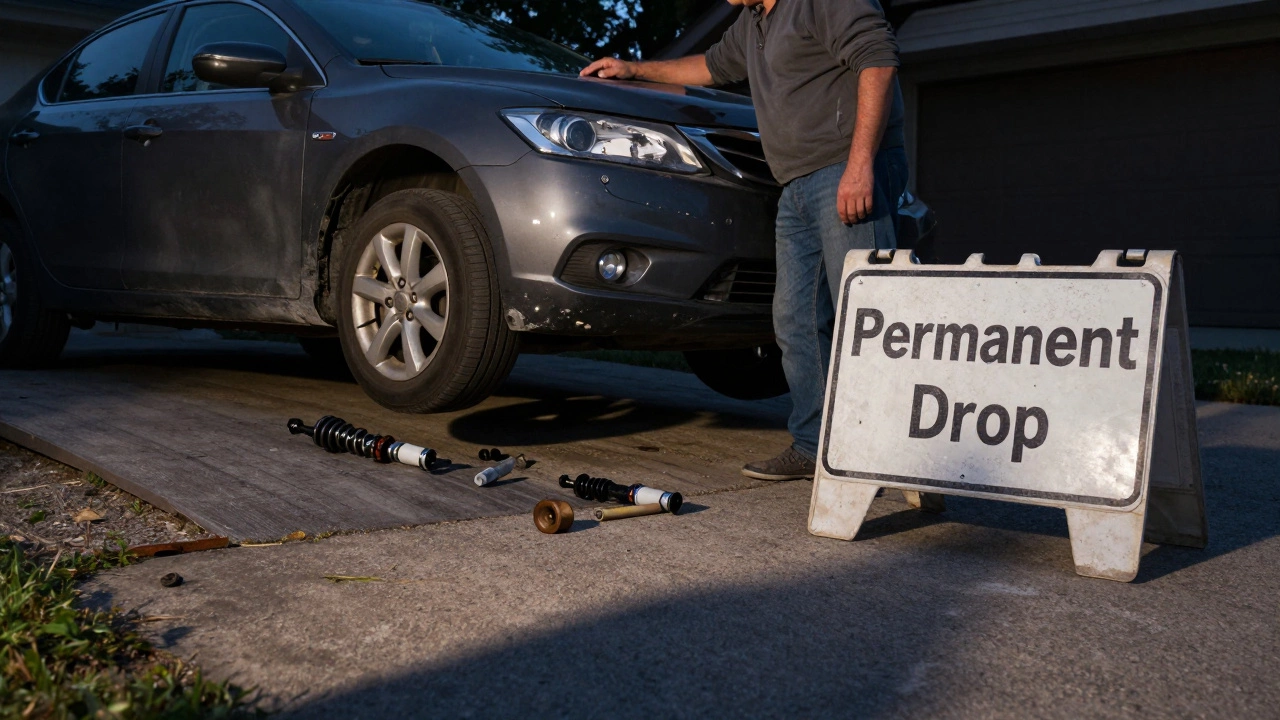 A car scraped on a driveway ramp with broken spacers and damaged shocks on the ground.