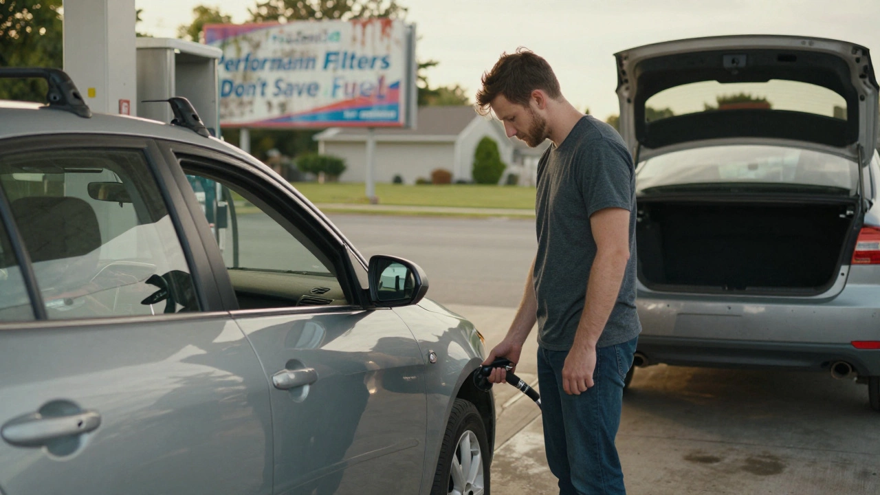 A driver checking tire pressure at a gas station, emphasizing real fuel-saving habits.