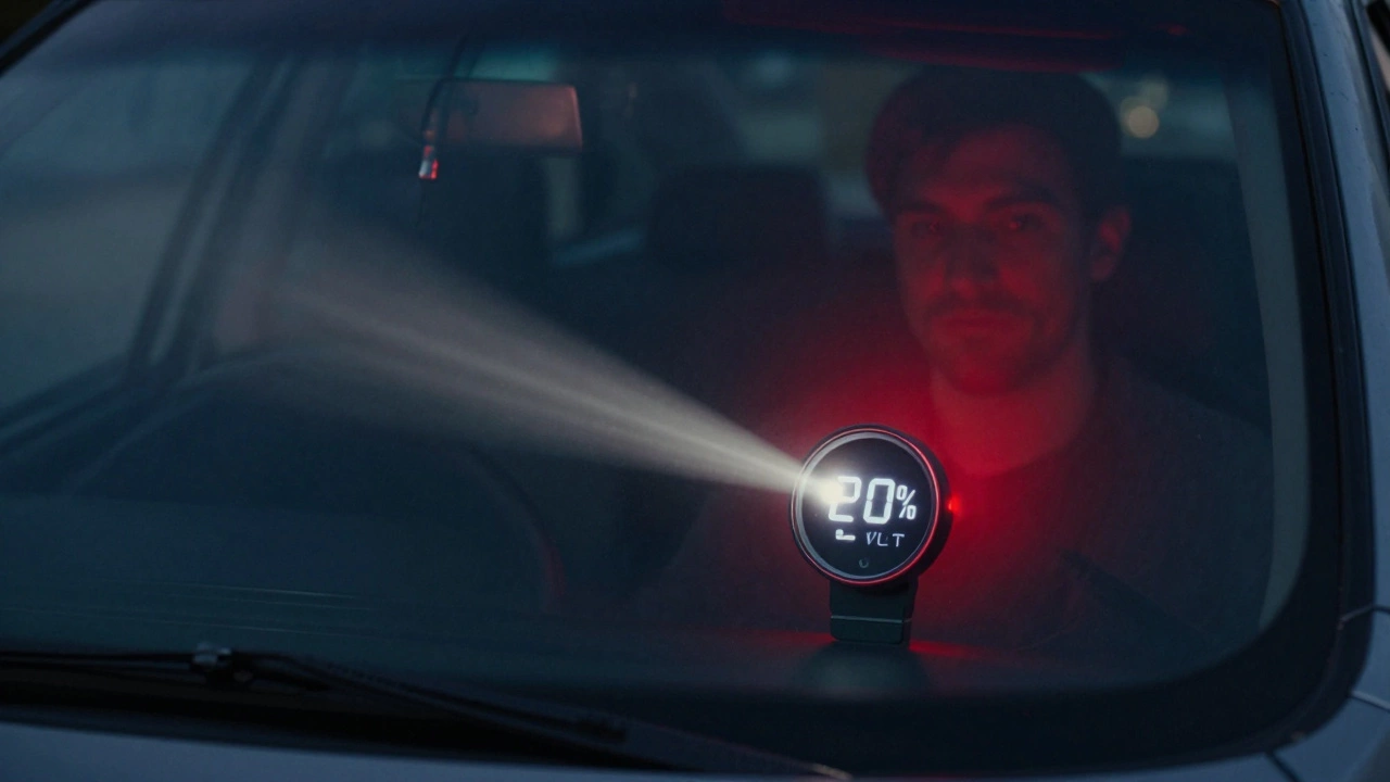 A tint meter measuring 20% light transmission on a car window, with a warning glow and blurred driver silhouette.