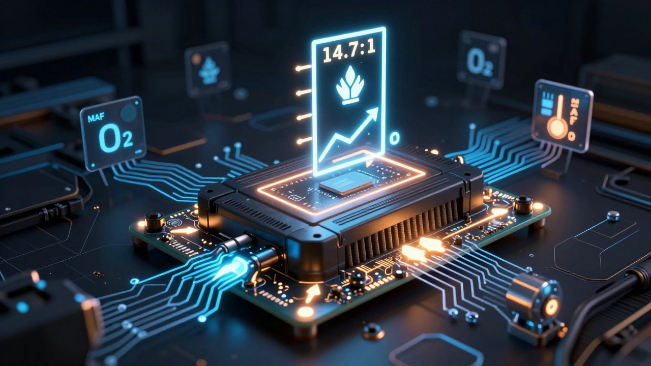An engine control unit adjusting fuel flow to match increased air intake from a performance filter.