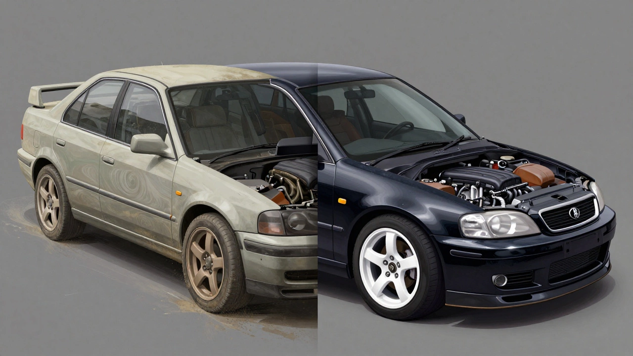 Before and after view of a car transformed from dull to gleaming through professional detailing.