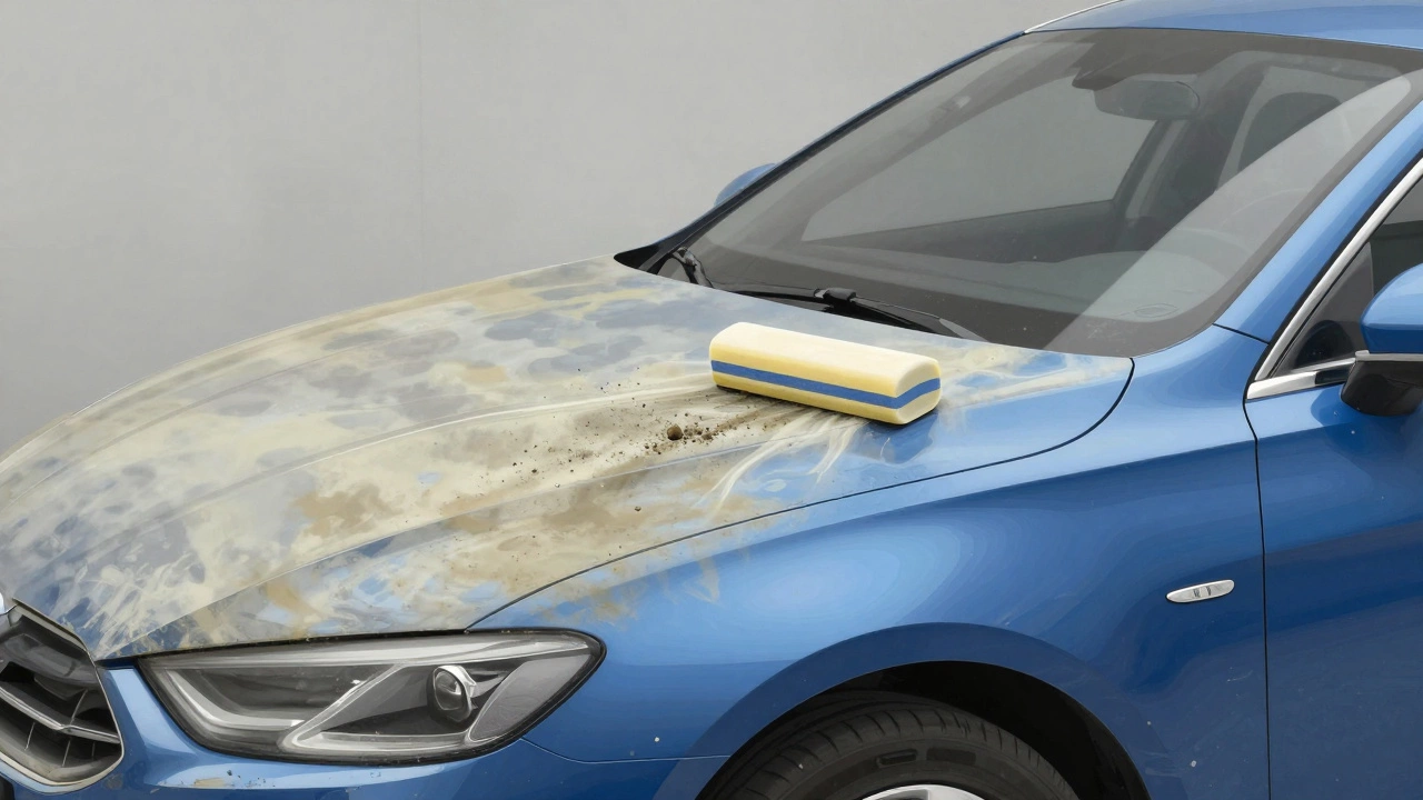 Car paint transforming from dirty to glossy, with clay bar removing embedded contaminants