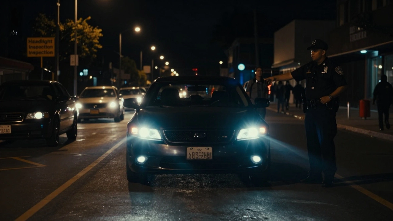 Car with blinding LED headlights illuminating oncoming traffic at night under streetlights.