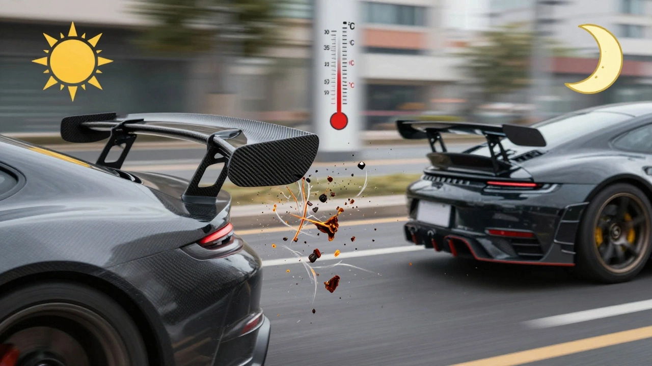 Carbon fiber spoiler breaking apart mid-air while a fiberglass one remains intact.