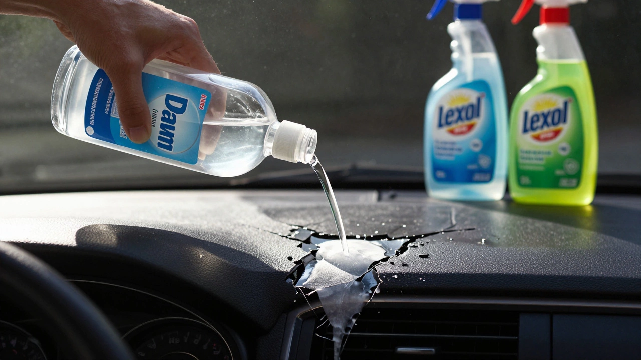 Cracked car dashboard under sunlight, with Dawn soap dissolving protective coating.