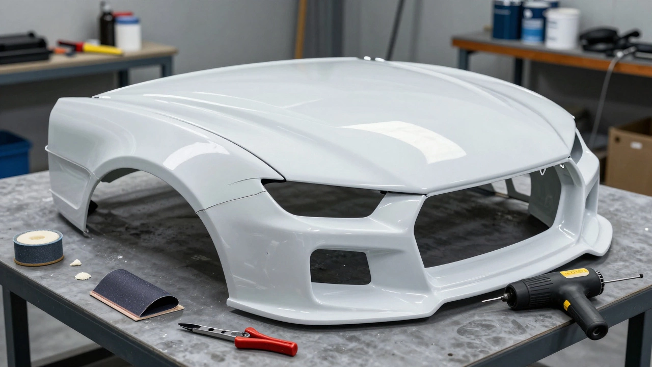 Custom fiberglass body kit on a workbench with sandpaper, heat gun, and clamps, showing fitment challenges.