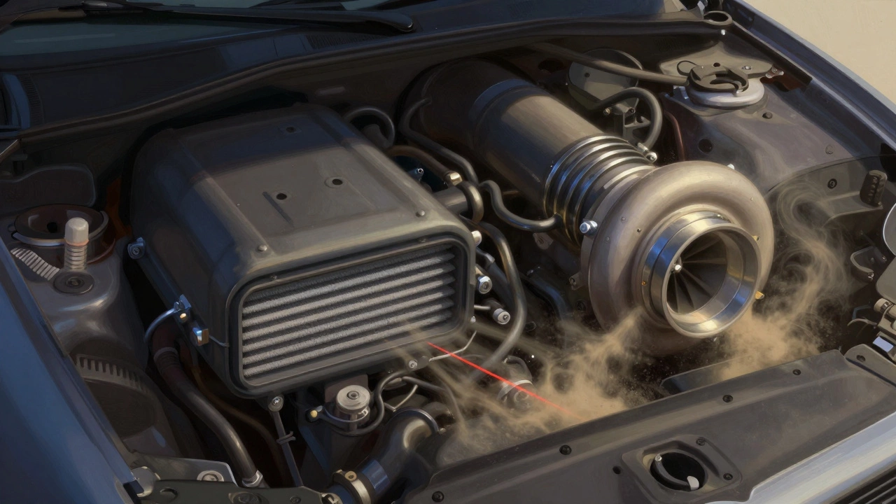 Engine bay with clean airflow on one side and dusty air entering a turbo on the other, symbolic of performance filter risks.