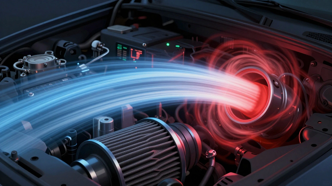 Flow visualization showing cool air moving efficiently through an intake tube versus hot, turbulent air near an exhaust manifold.