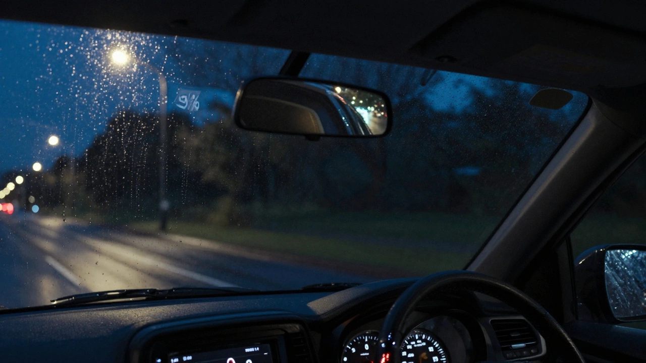 Interior view of a car with dark rear tint and dual side mirrors, visible at night in the rain.
