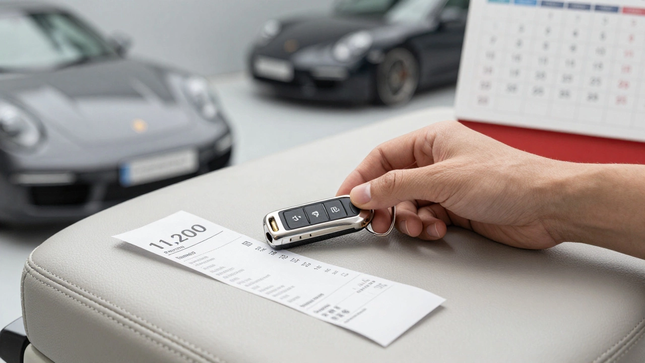 Key fob on clean leather seat beside a ,200 receipt for high-end car restoration.