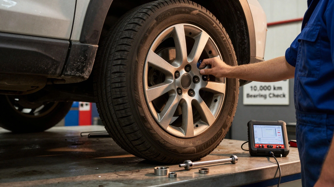 Mechanic checking wheel play after spacer installation, with torque wrench and tools on workbench.