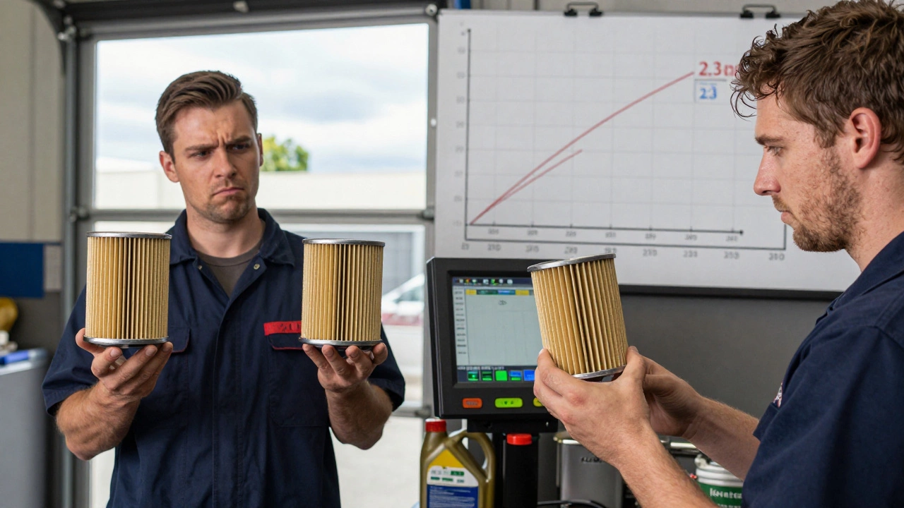 Mechanic holding OEM and performance air filters, with dyno graph in background showing minimal power gain.