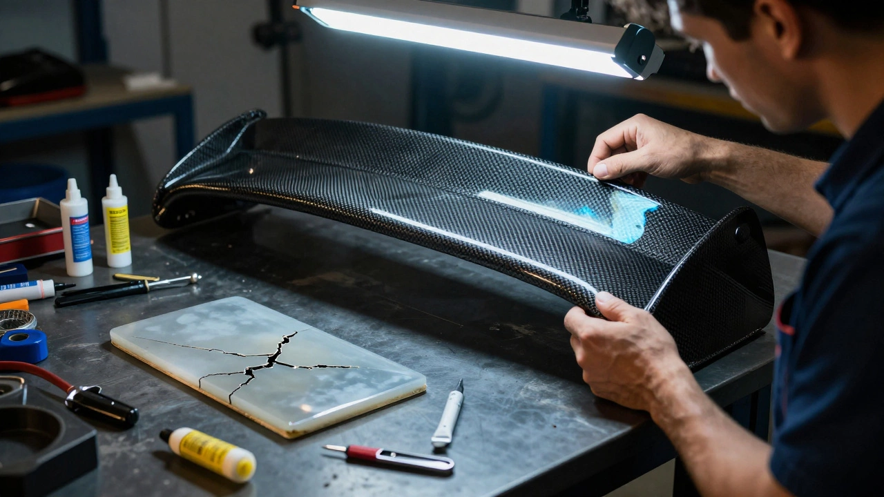 Mechanic inspecting a carbon fiber spoiler under UV light revealing internal delamination.