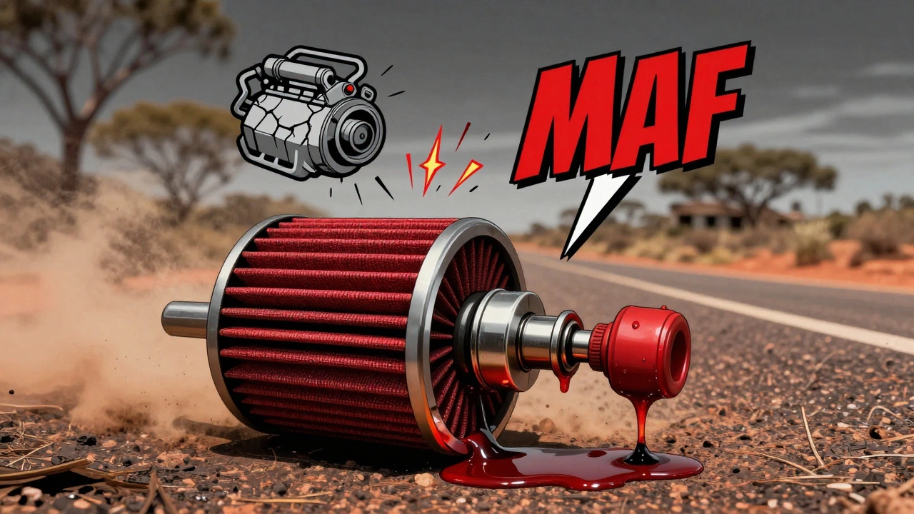 Oiled air filter dripping oil onto a damaged MAF sensor in dusty environment