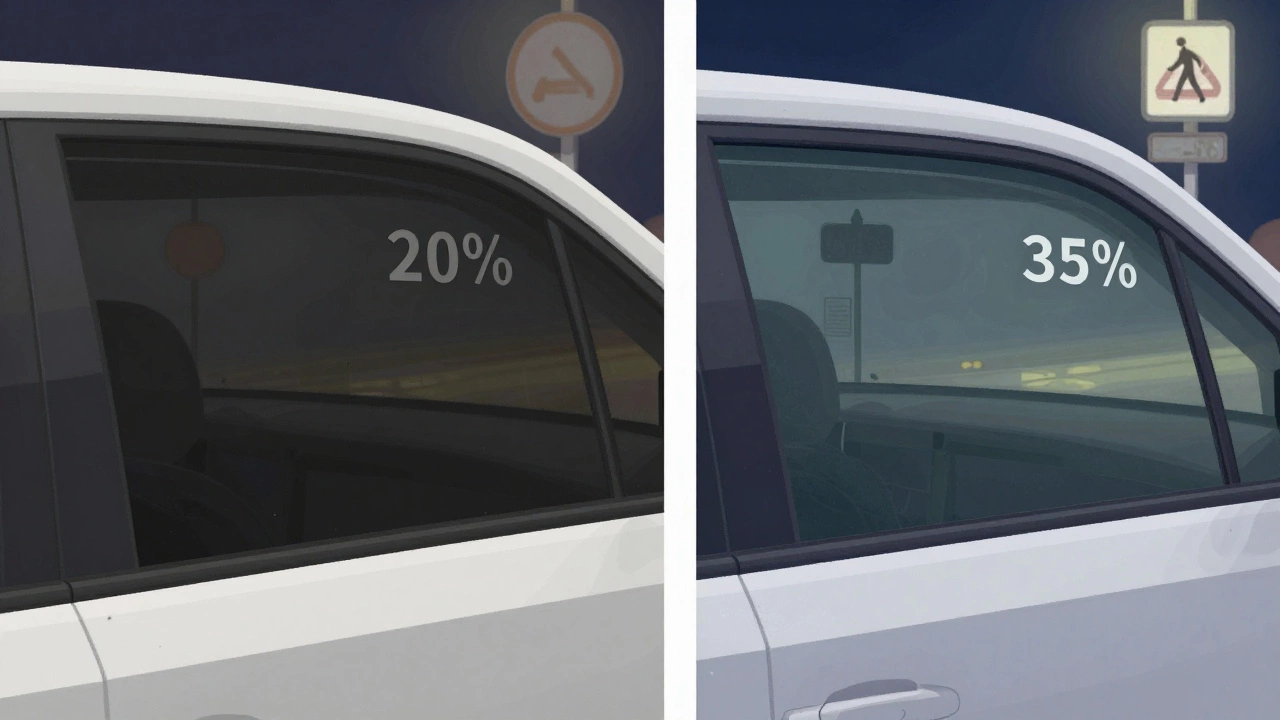 Side-by-side comparison of 20% and 35% window tint showing clear versus blurred night visibility.