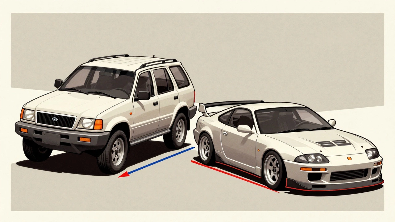 Side-by-side comparison of a leaning SUV and a stable lowered car in a turn, with force vectors illustrating roll reduction.