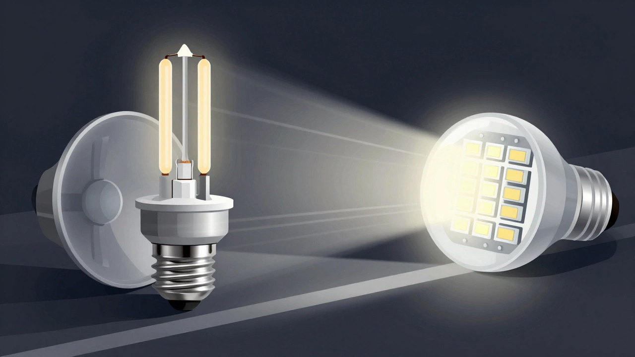 Side-by-side comparison of halogen filament and LED diodes in a headlight housing with light patterns.