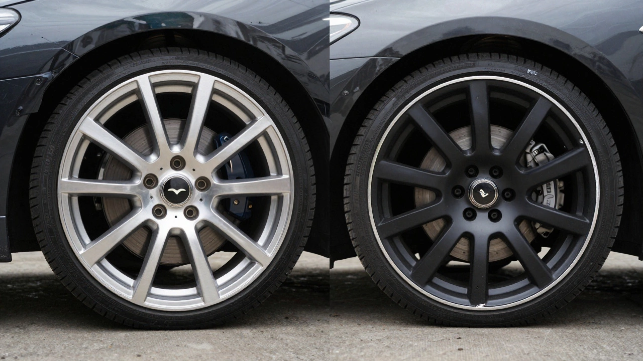 Side-by-side of a polished alloy wheel and a vinyl-wrapped wheel in a garage.