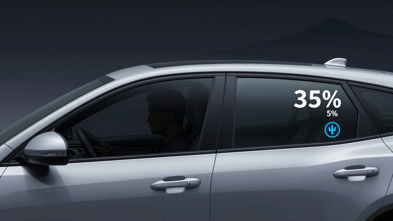 Split-image comparison of illegal dark tint versus legal ceramic tint on car windows.