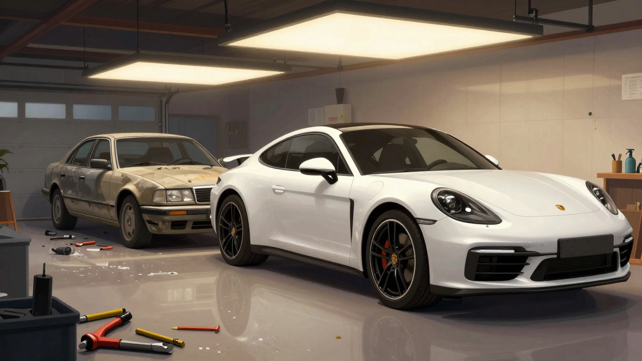 Split scene: messy garage vs. luxury car being professionally detailed with ceramic coating.