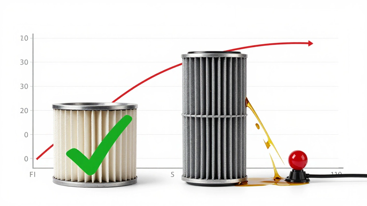 Split view comparing dry and oiled air filters with airflow and warning symbols