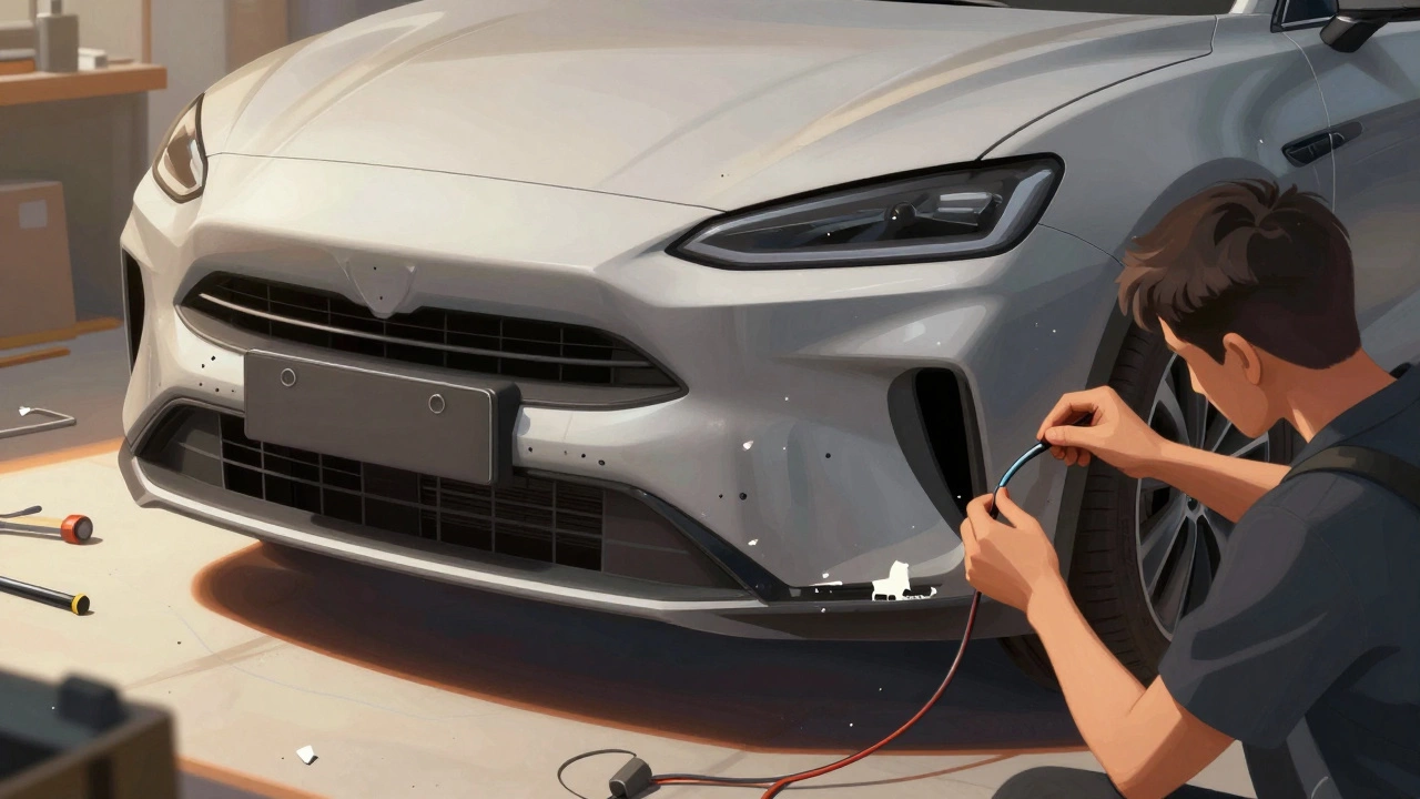 Technician rerouting sensors while replacing a car bumper, with parts partially aligned and tools nearby.