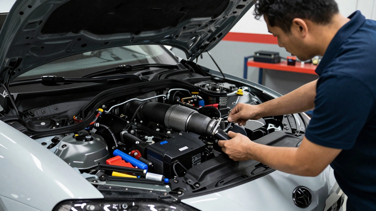 Technician resetting an ECU after installing an AEM DryFlow intake on a Toyota GR Supra in a well-lit garage.