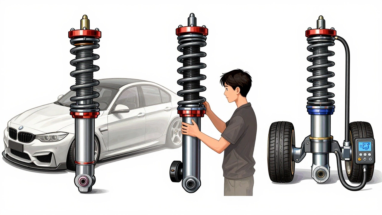 Three suspension systems side by side: lowering springs, coilovers, and air suspension.