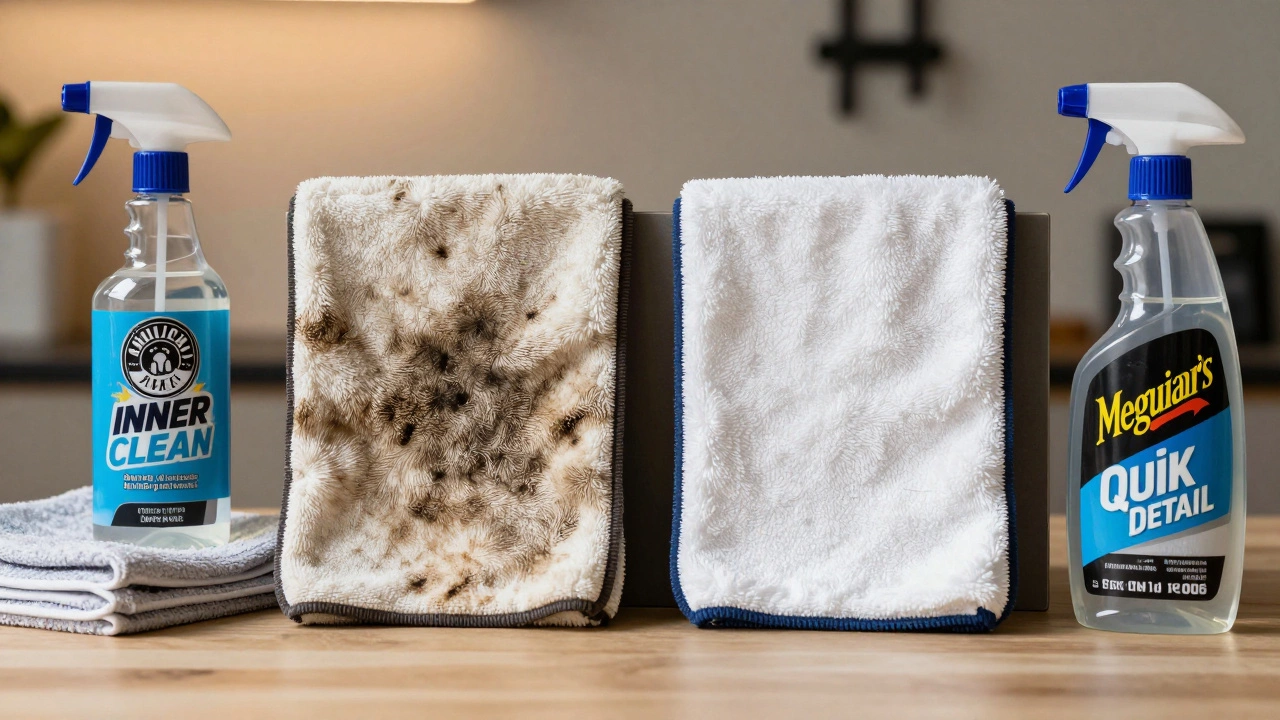 Two microfiber cloths side by side: one dirty from Dawn, one clean with proper auto cleaner.