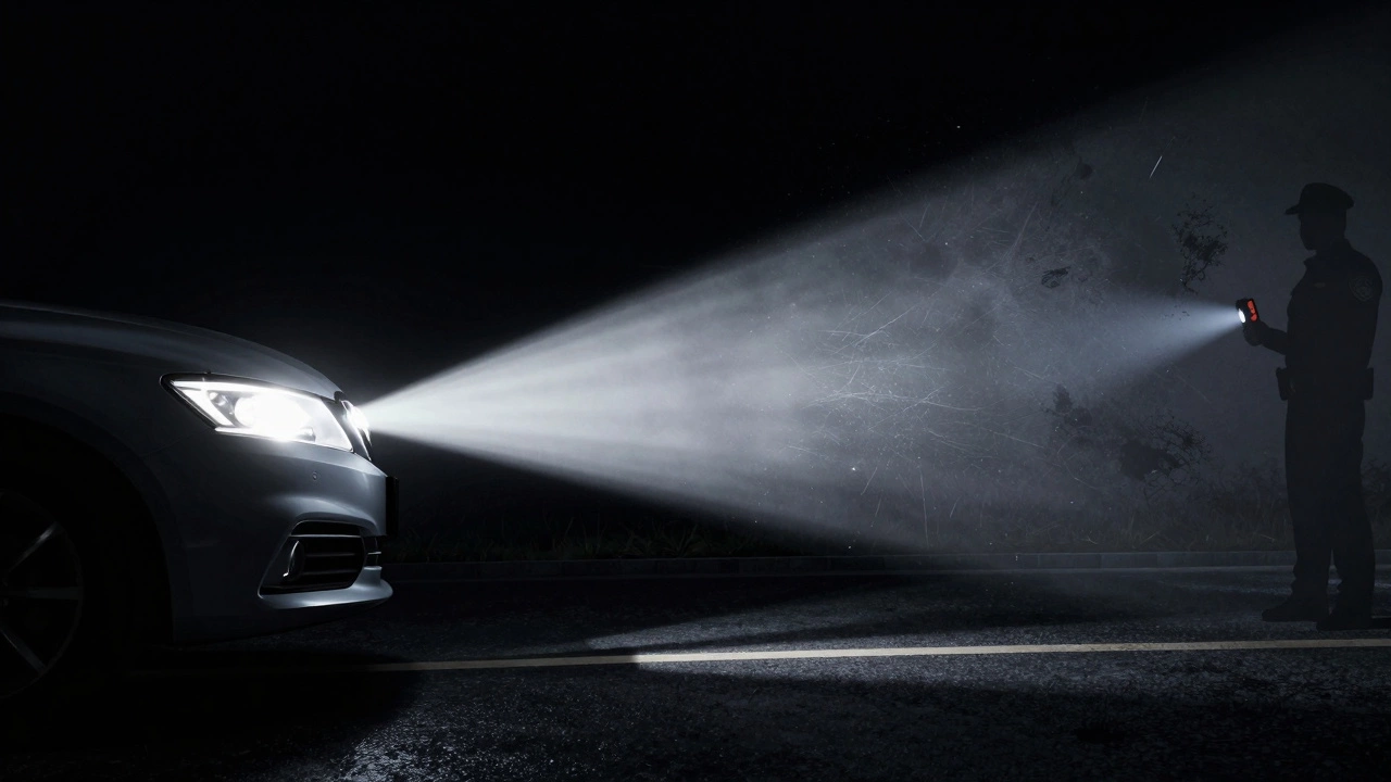 A car's headlight beam showing a legal sharp cutoff versus an illegal scattered glare on a dark road.