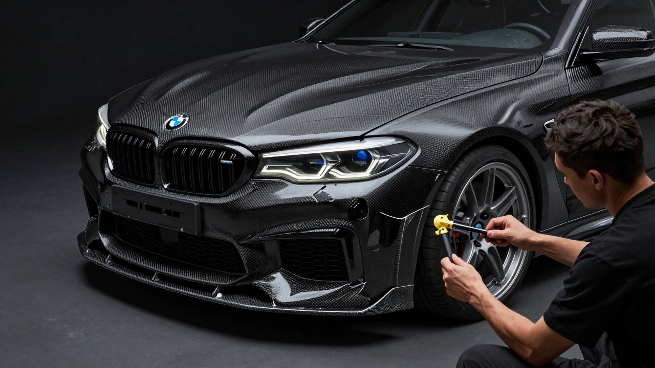 Carbon fiber body kit being repaired on a luxury BMW with epoxy and custom molds in a detailed workshop setting.