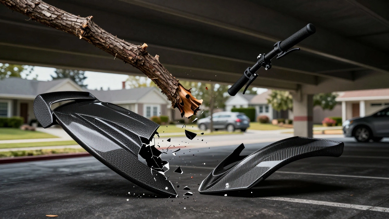 Carbon fiber spoiler shattering from multiple impacts while a plastic spoiler remains intact.