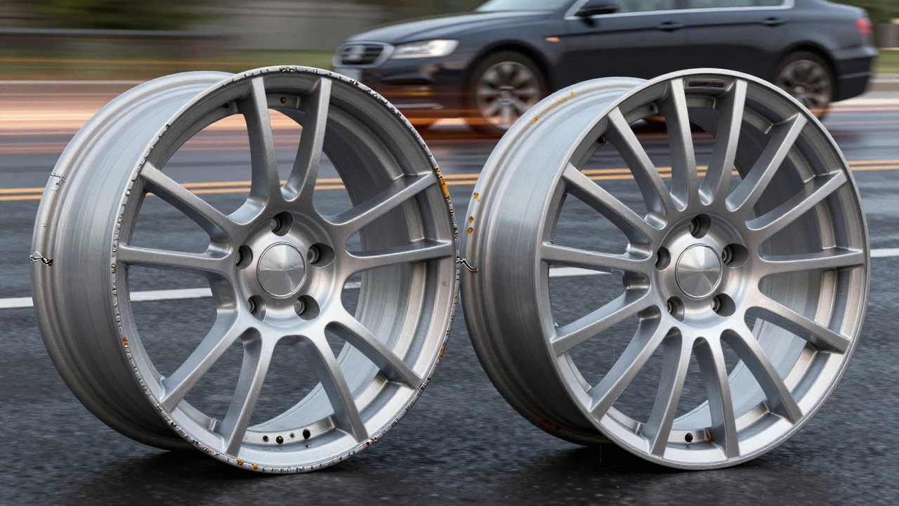 Cross-section comparison showing thick welded steel wheel versus smooth cast alloy wheel with rust and heat trails