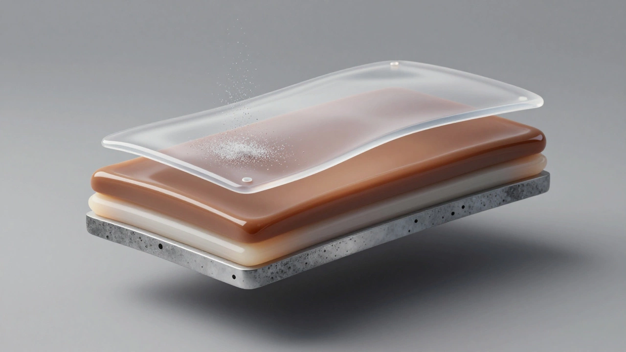 Cross-section of car paint layers being gently abraded by toothpaste particles.