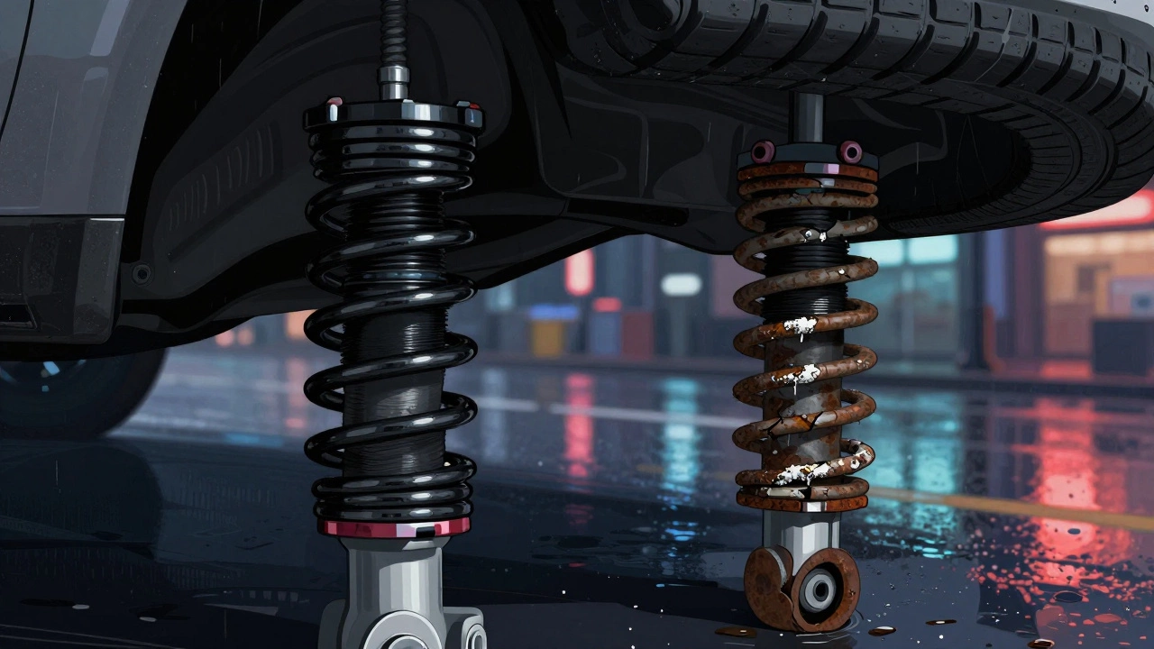 Cross-section of two lowering springs: one new and intact, the other cracked and rusted with salt residue.