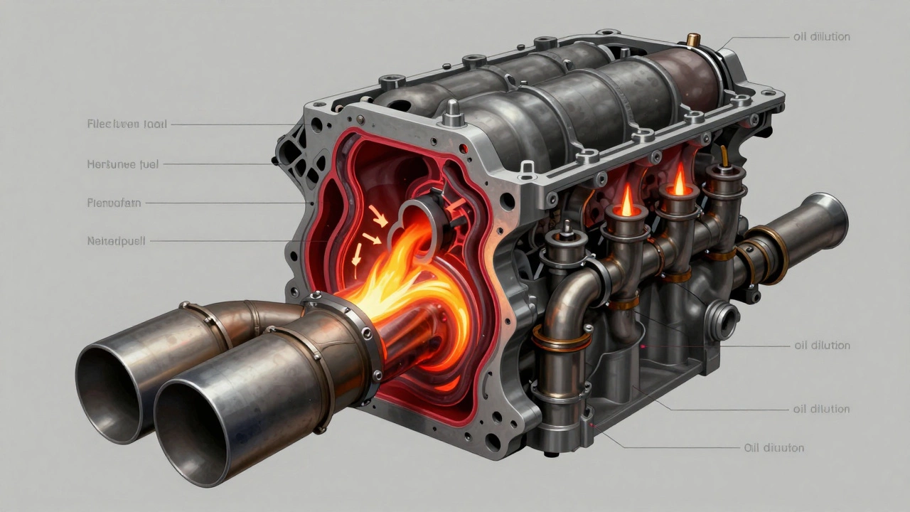 Engine cross-section showing unburned fuel igniting in the exhaust system.