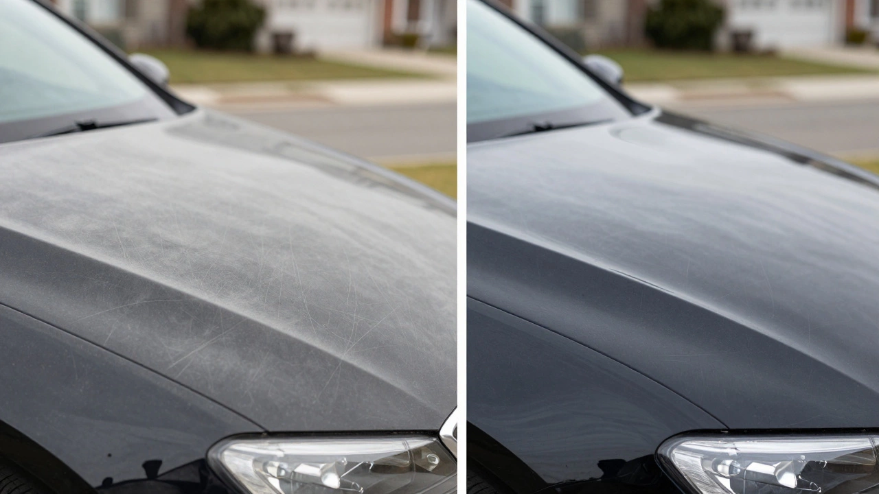 Faded toothpaste repair vs. professional scratch repair on a black car panel.