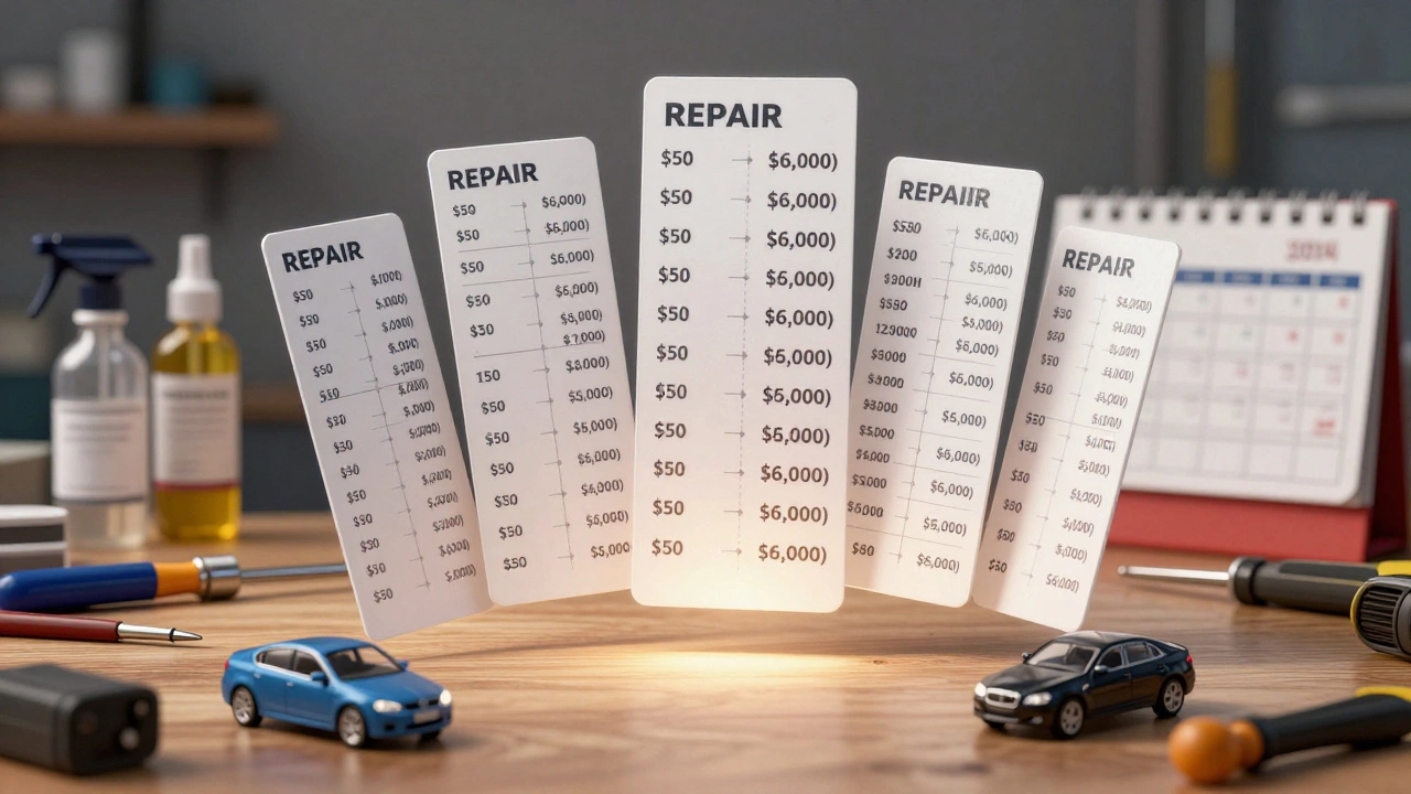 Floating price panels representing repair costs hover above a car workshop with tools and timeline elements.