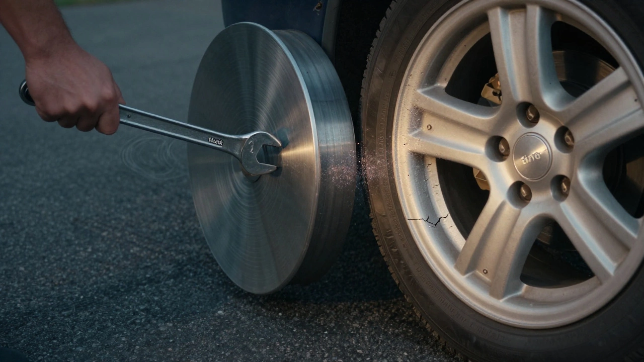 Hand tapping a steel wheel that produces a dull thud while an alloy wheel nearby emits a bright metallic ring