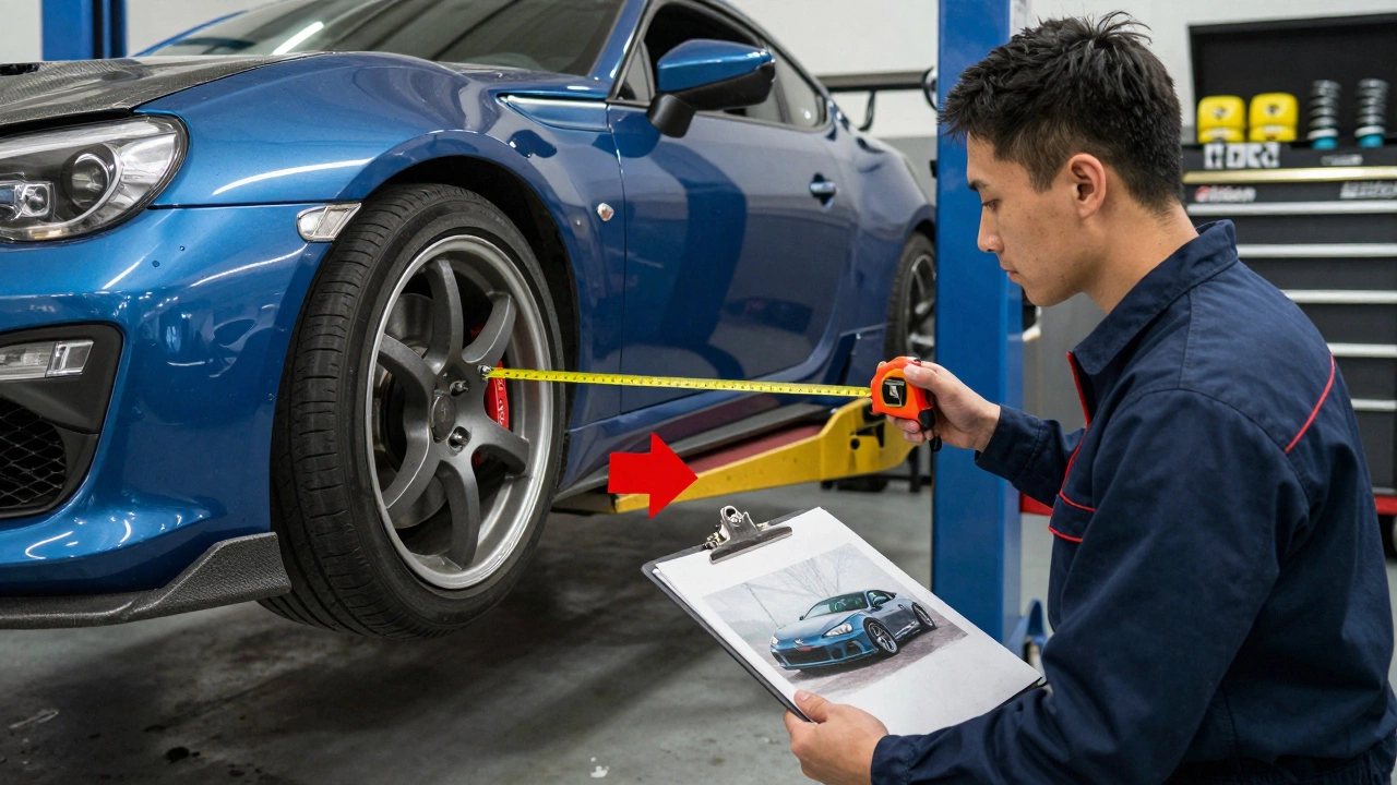 Mechanic measuring car ride height beside a faded photo, showing significant drop due to worn springs.