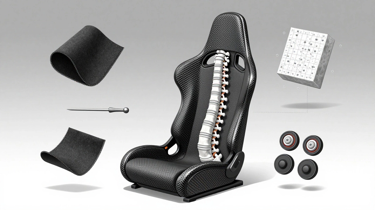 Overhead technical illustration of a 3D-scanned spine fitted into a carbon fiber car seat with material samples.