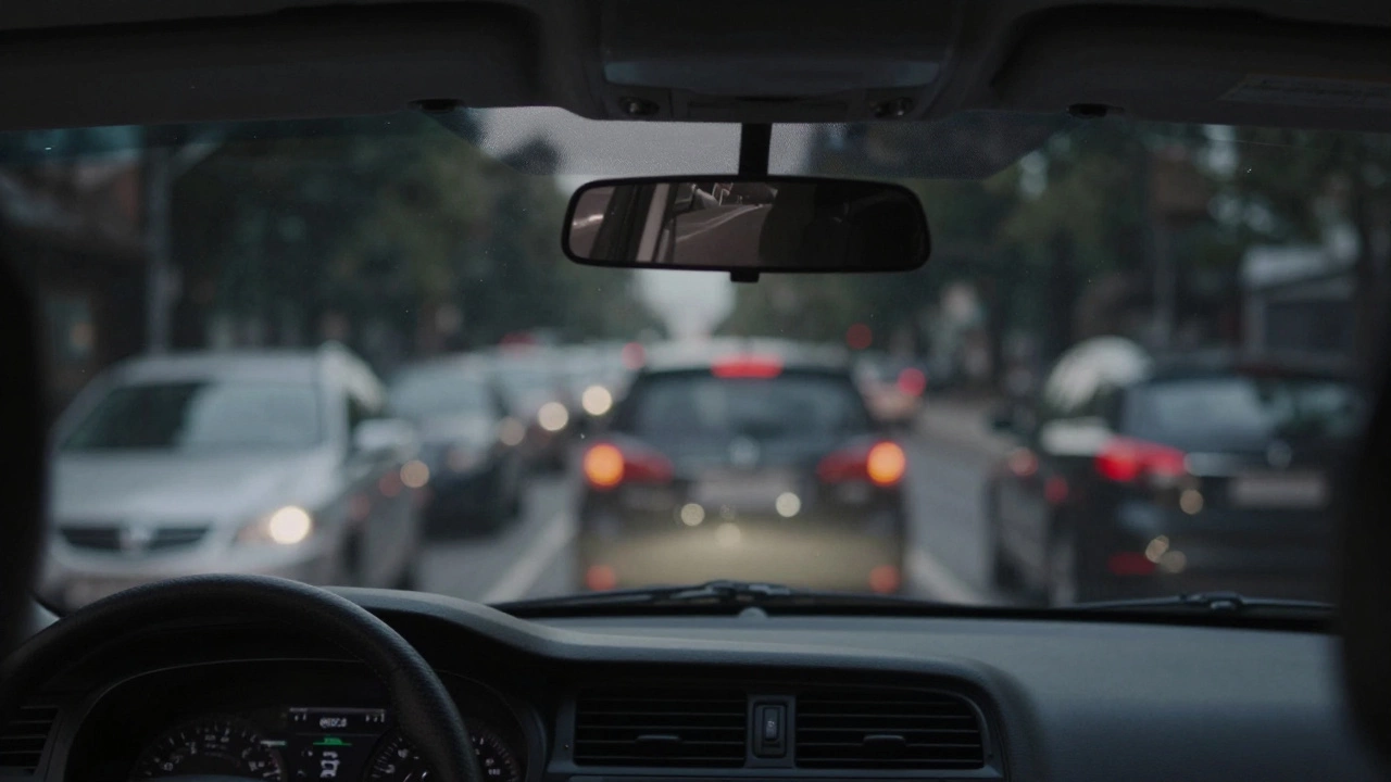 Rearview mirror showing obscured view through heavily tinted back window.