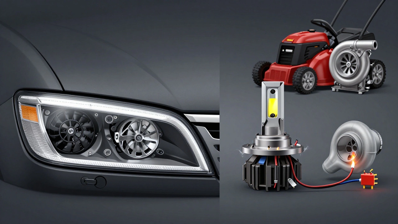 Side-by-side comparison of factory LED headlight system versus poorly installed aftermarket bulb with overheating components.