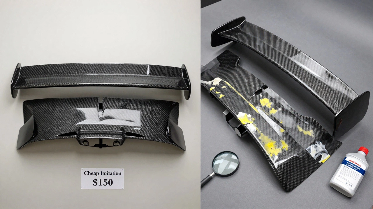 Side-by-side comparison of fake and real carbon fiber spoilers under professional lighting.