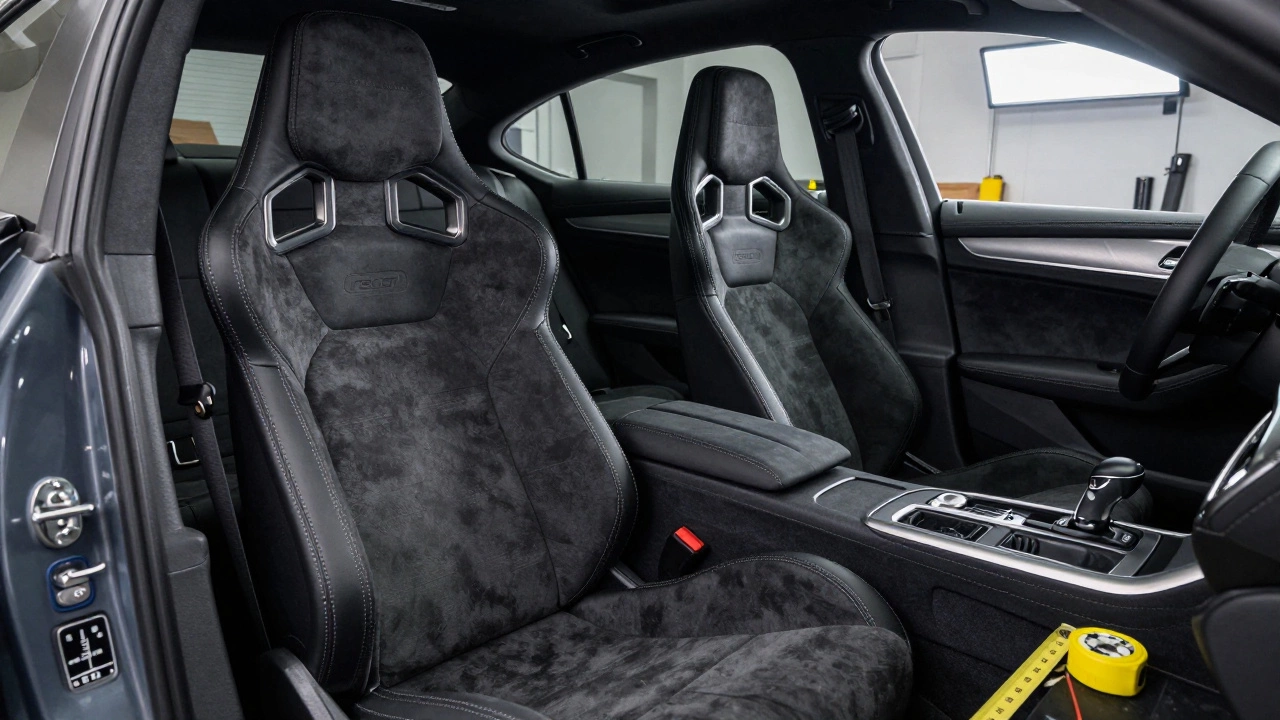 Side-by-side comparison of premium and basic custom car seats in a modern sedan under workshop lights.