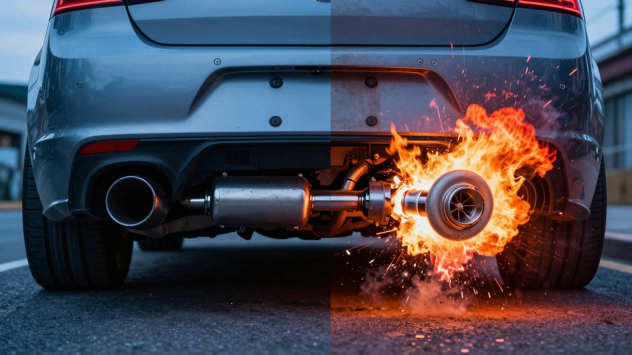 Split image: clean exhaust vs. damaged exhaust from aggressive tuning.