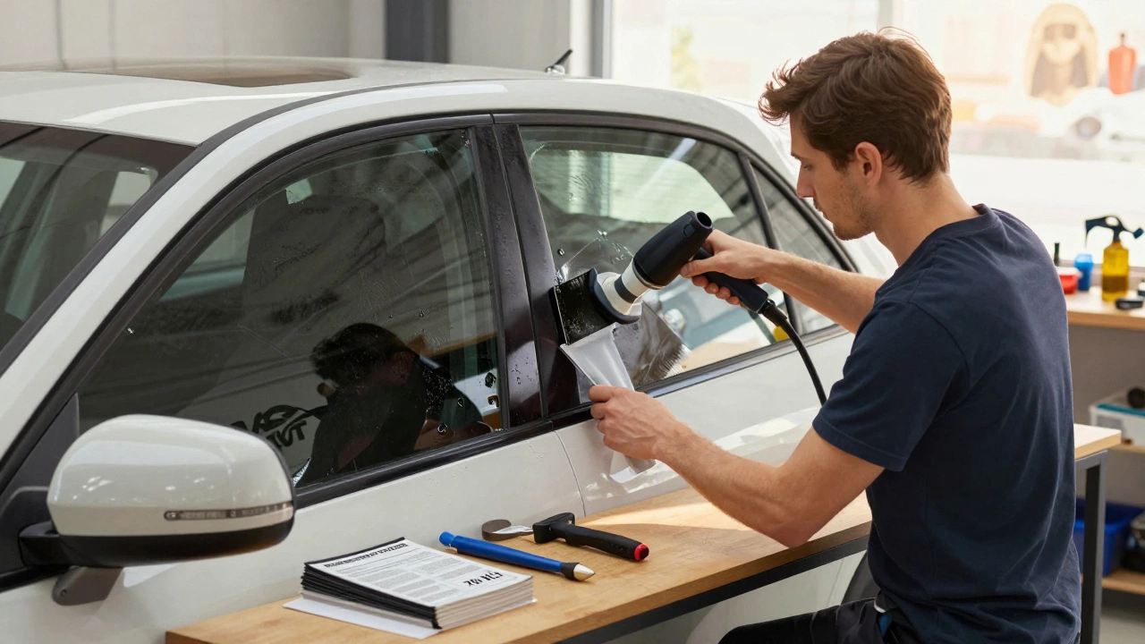 Technician removing illegal window tint in an auto shop with legal film samples nearby.