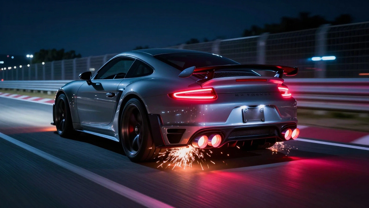 Turbo sports car on race track at night, glowing titanium exhaust pipes, sparks, motion blur, night lighting.