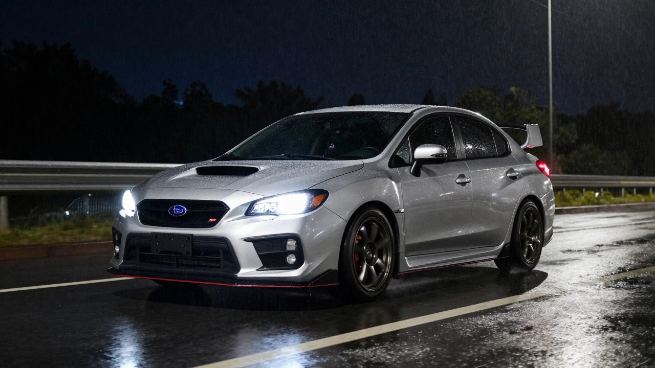 A low-slung Subaru WRX driving on a wet highway at night, showcasing improved road grip.