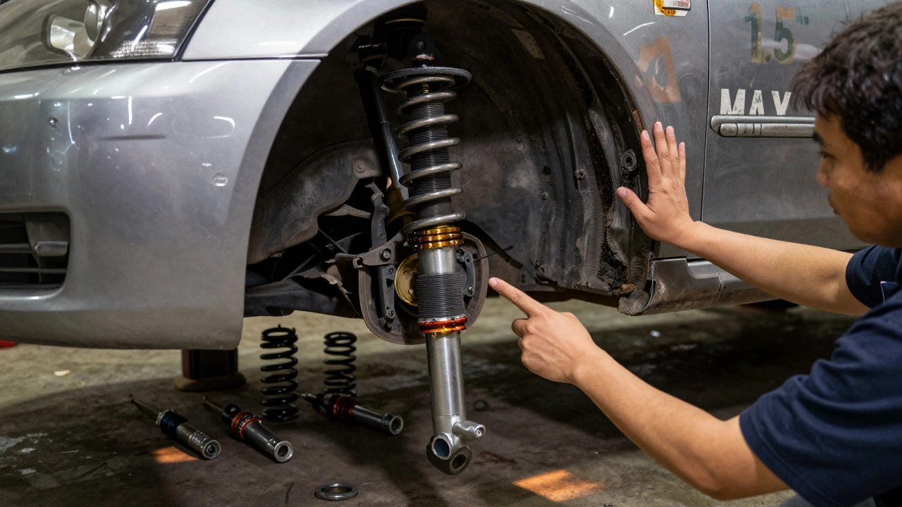 A mechanic inspecting oil-leaking shocks on a lowered car, with coilover kits visible in the background.